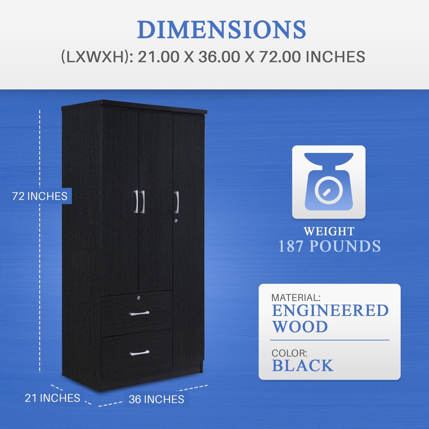 Hodedah Import 3 Door Armoire with Clothing Rod, Shelves, and 2 Drawers, Black