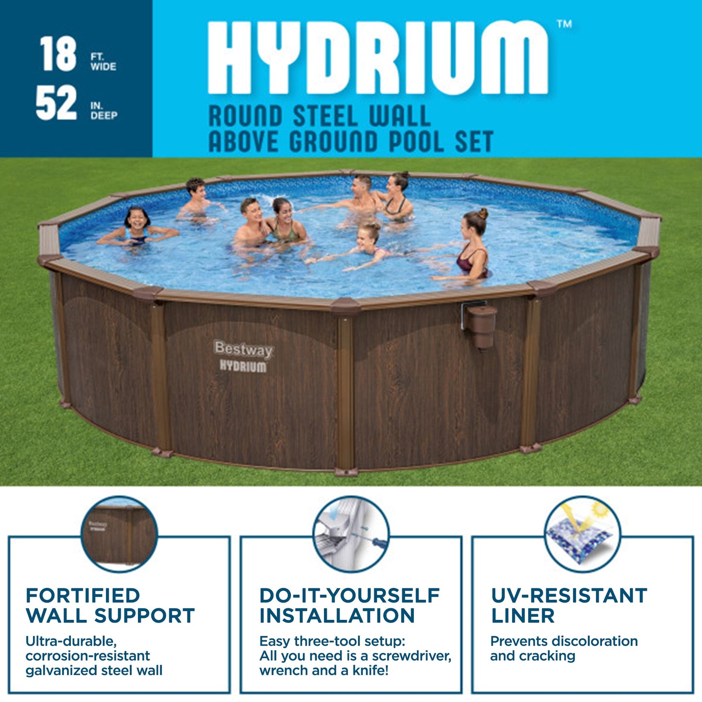 Bestway Hydrium 18' x 52" Round Steel Wall Above Ground Swimming Pool Set, Brown
