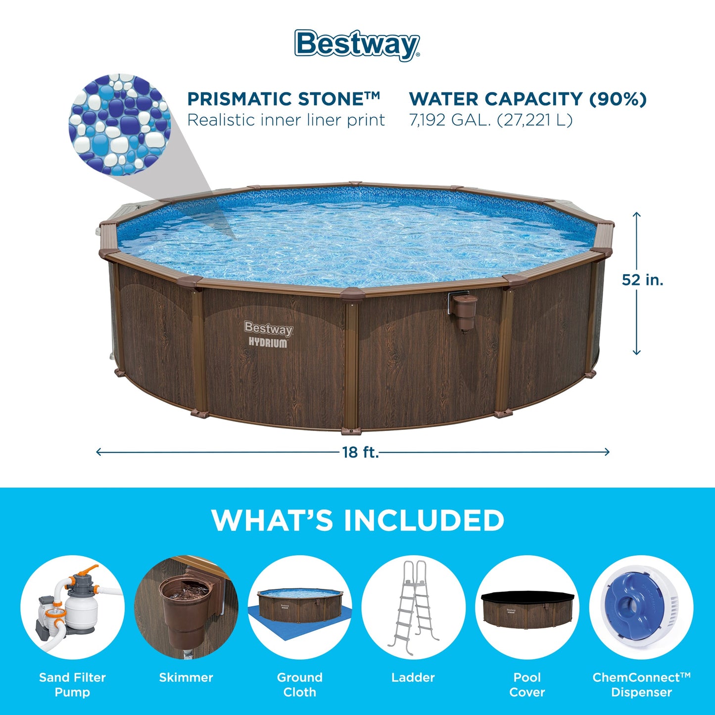 Bestway Hydrium 18' x 52" Round Steel Wall Above Ground Swimming Pool Set, Brown