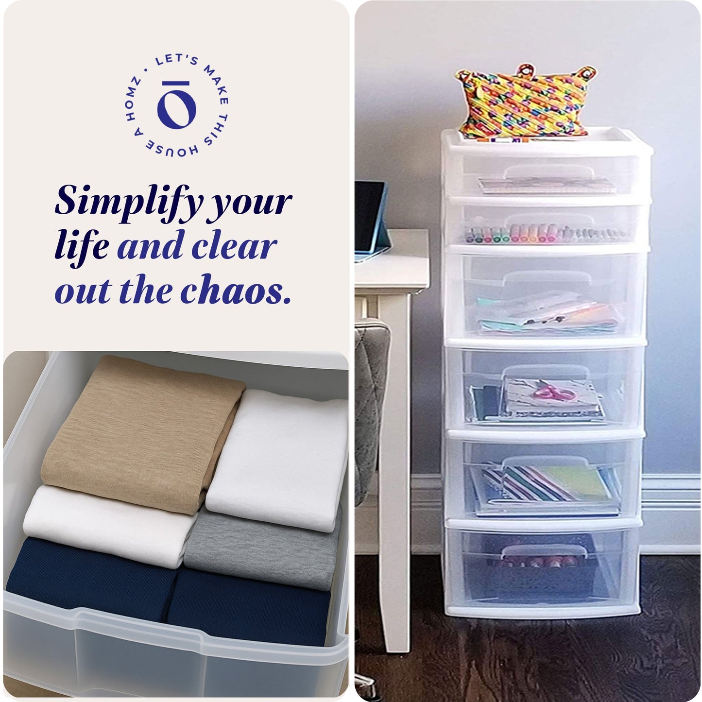 Homz Plastic 6 Clear Drawer Medium Home Storage Container Tower, White (2 Pack)