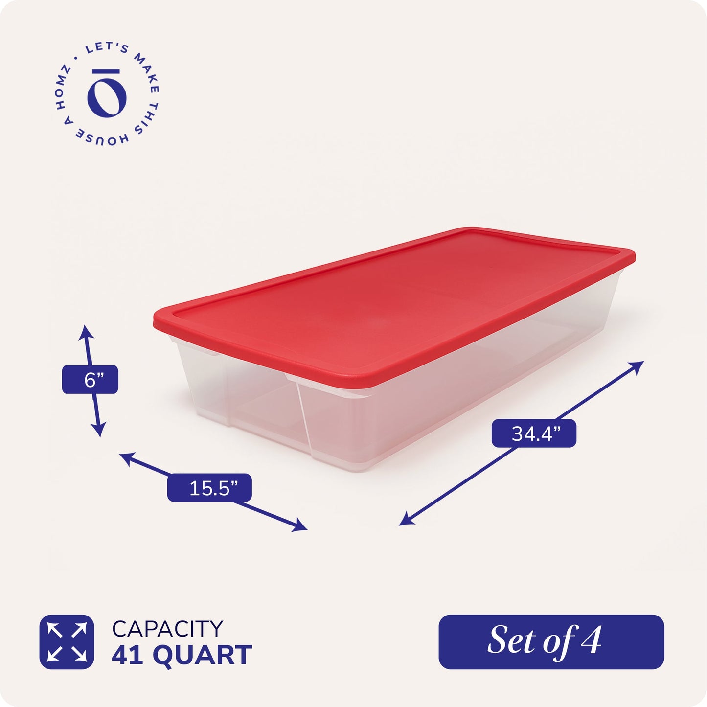 Homz 41Qt Clear Plastic Holiday Storage Container w/Red Snap Lock Lid (4 Pack)