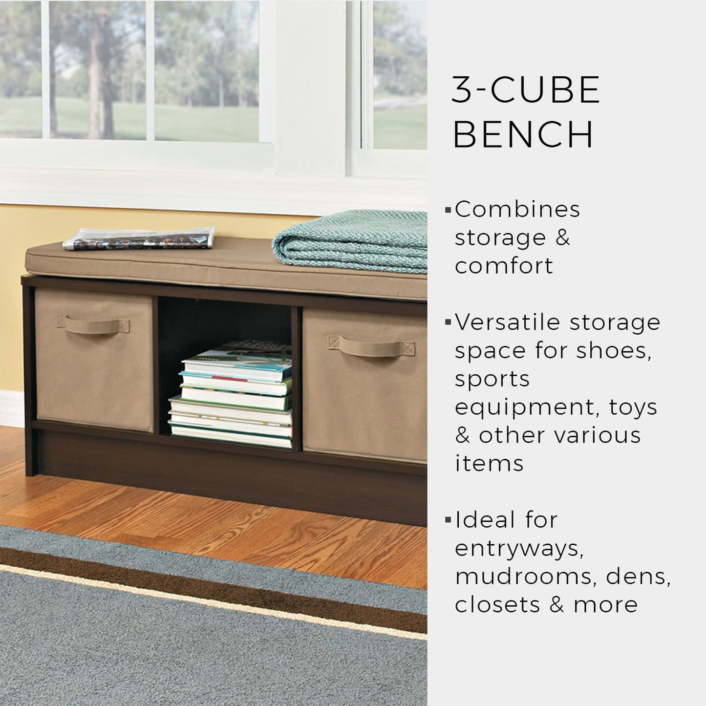 ClosetMaid 3 Cube Cubby Storage Organizer Bench with Seat Cushion, White/Tan
