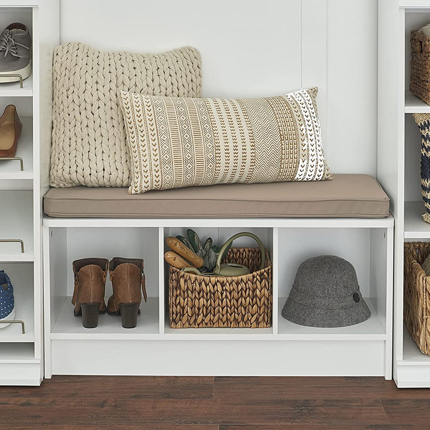 ClosetMaid 3 Cube Cubby Storage Organizer Bench with Seat Cushion, White/Tan