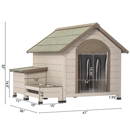 Outdoor fir wood dog house with an open roof ideal for small to medium dogs. With storage box, elevated feeding station with 2 bowls. Weatherproof asphalt roof and treated wood.