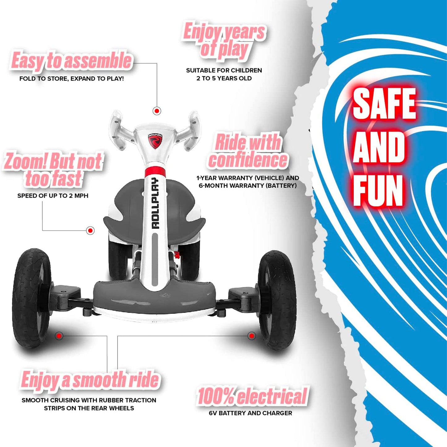 Rollplay FLEX Kart Foldable Ride-On Kids Tricycle 6V Battery Electric Car, White