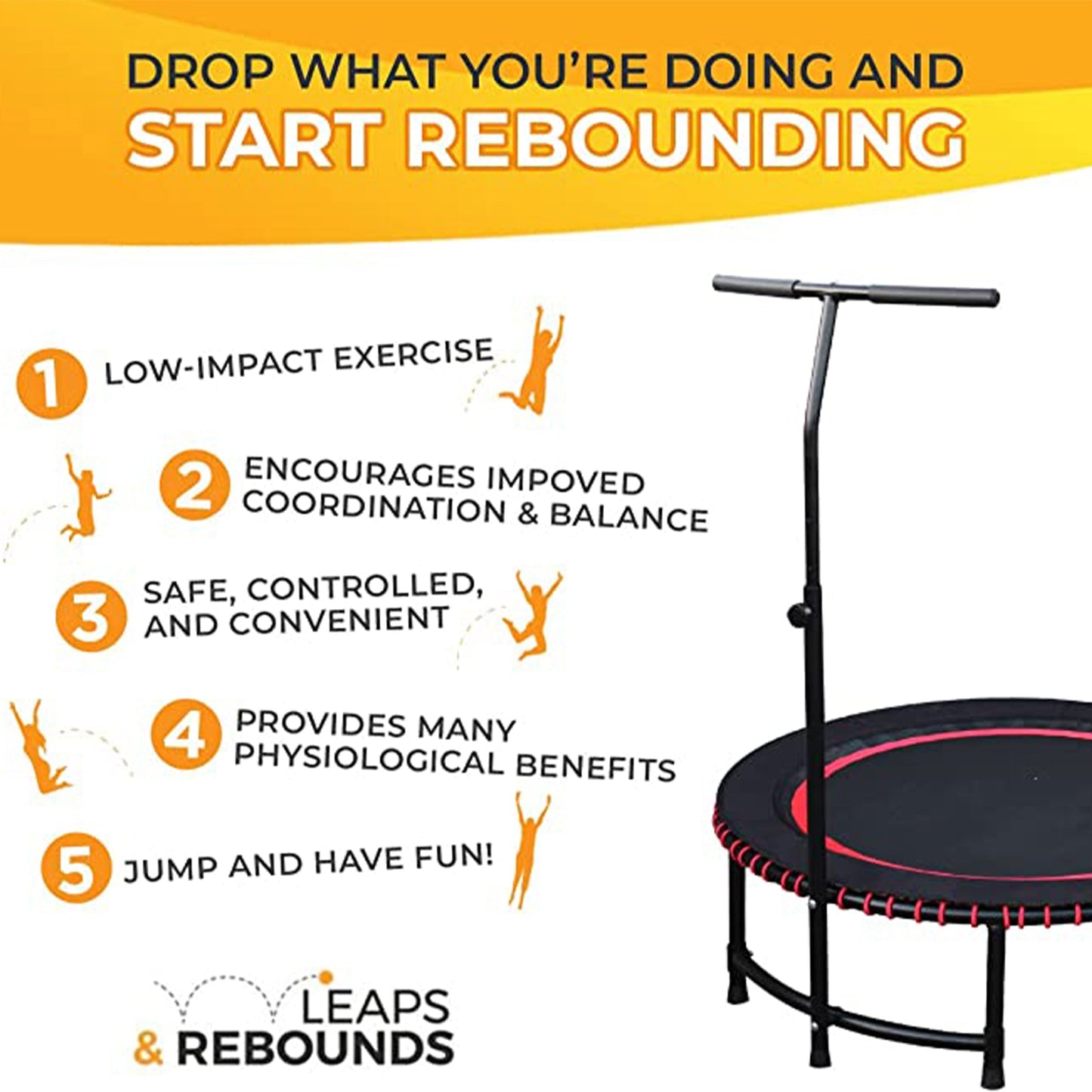 LEAPS & REBOUNDS 48" Adjustable Stability Bar with 48" Fitness Trampoline, Red