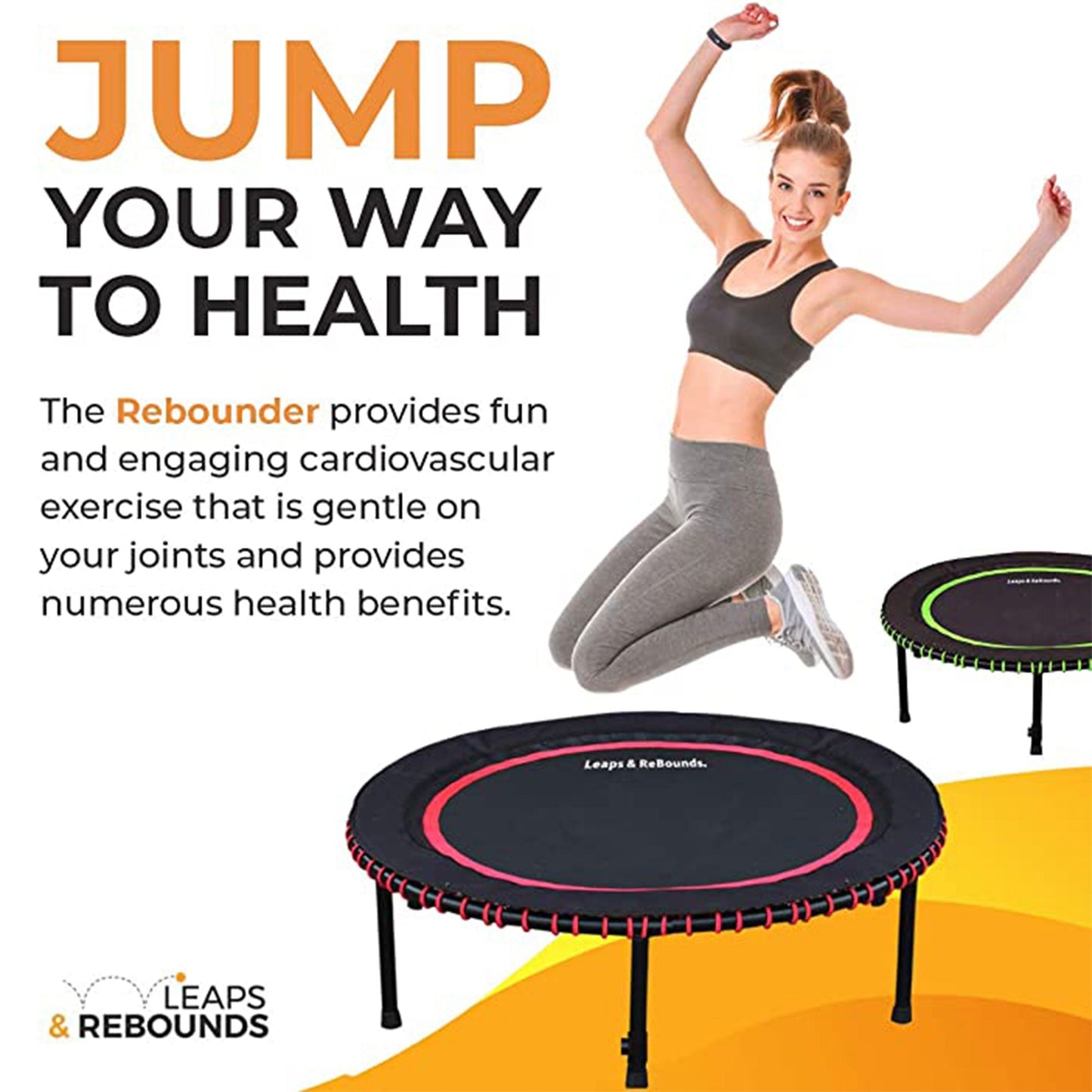 LEAPS & REBOUNDS 48" Adjustable Stability Bar with 48" Fitness Trampoline, Gray