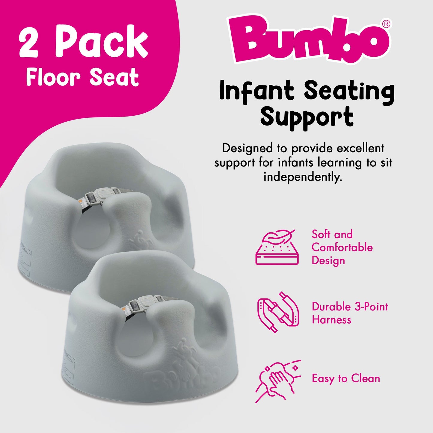 Bumbo Infant Soft Foam Floor Seat with 3 Point Adjustable Harness, Gray (2 Pack)