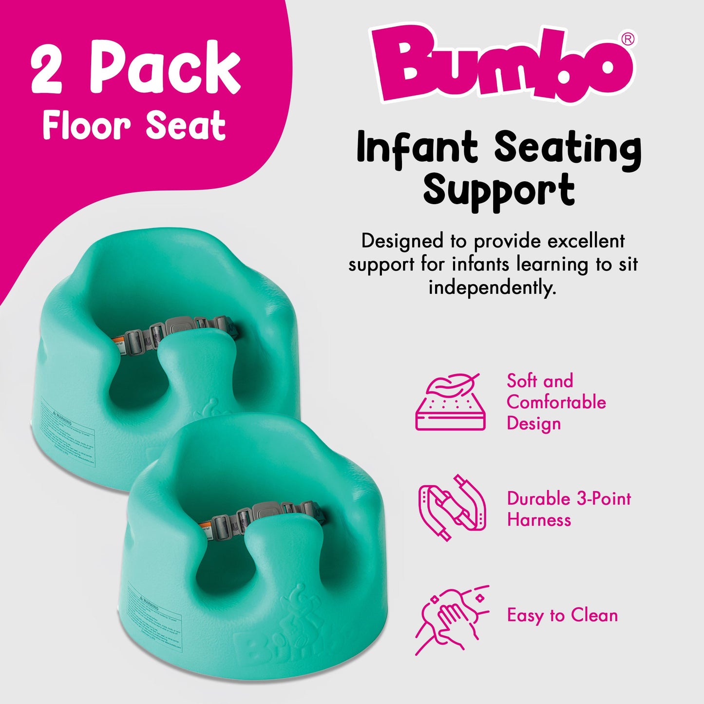 Bumbo Baby Soft Foam Wide Floor Seat w/3 Point Adjustable Harness, Aqua (2 Pack)