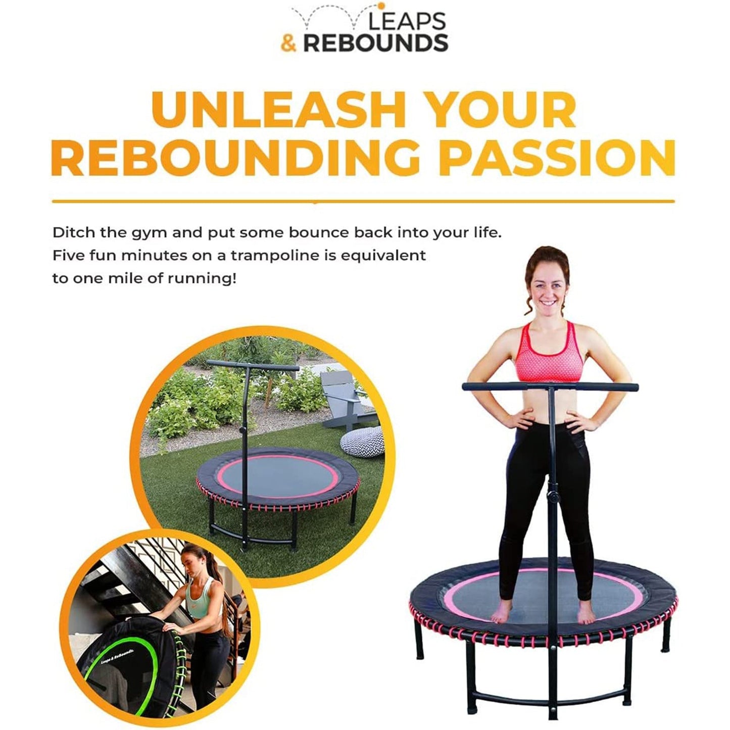 LEAPS & REBOUNDS 40" Adjustable Stability Bar w/ 40" Fitness Trampoline, Orange