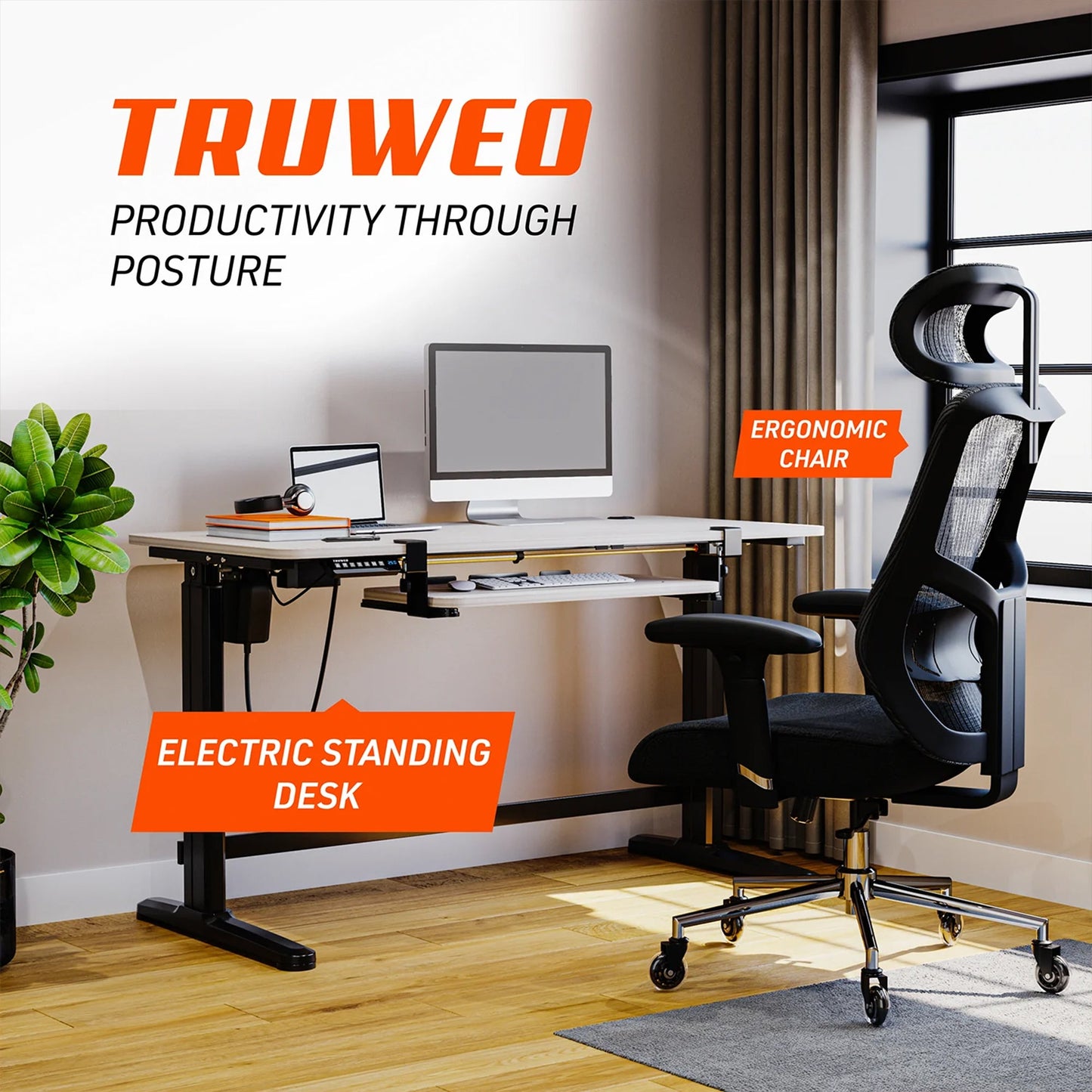 Truweo Adjustable Electric Standing Desk Tabletop w/Sliding Keyboard Tray, Gray