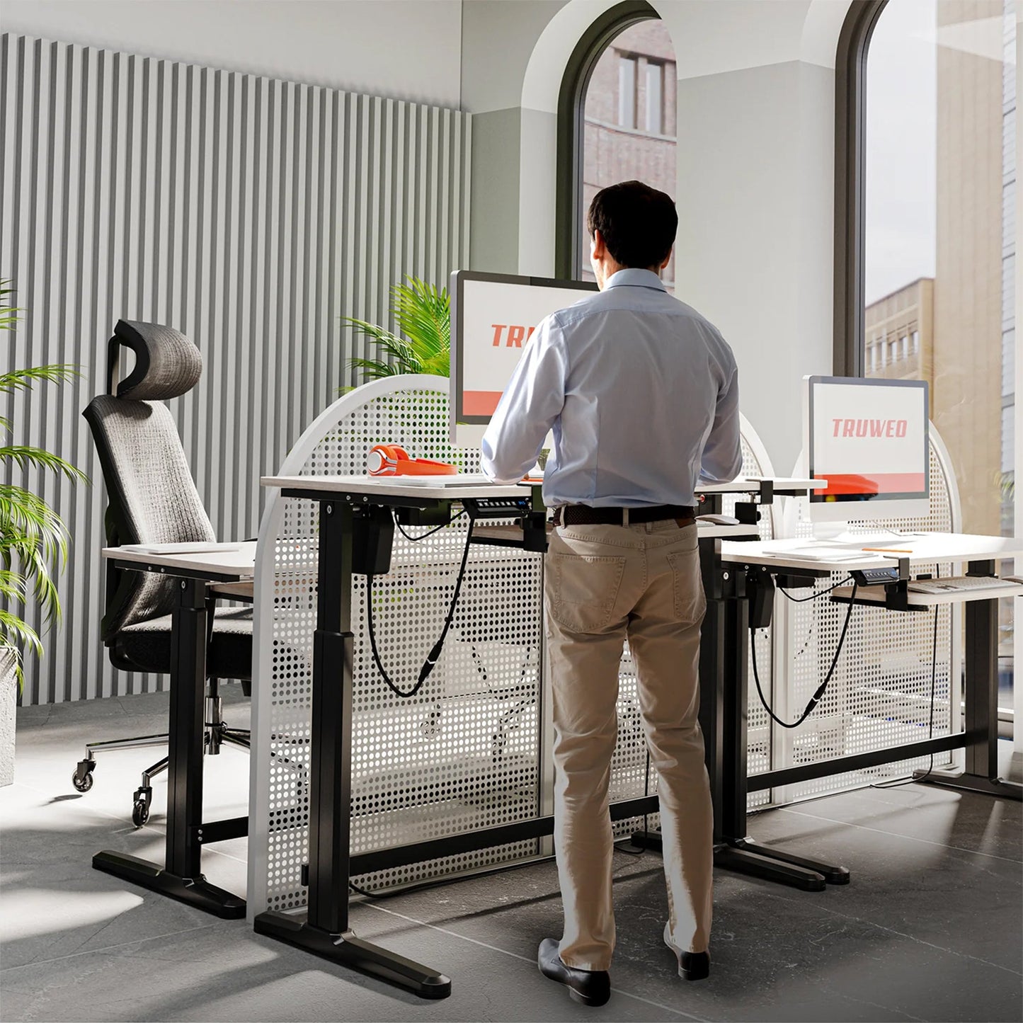 Truweo Adjustable Electric Standing Desk Tabletop w/Sliding Keyboard Tray, Gray