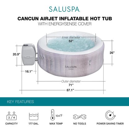 Bestway SaluSpa Cancun 2 to 4 Person Inflatable Hot Tub, Energy-Efficient Spa