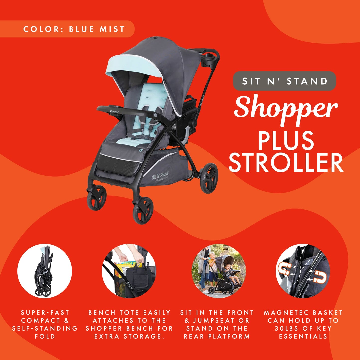 Baby Trend Sit N’ Stand Lightweight 5-in-1 Shopper Plus Stroller, Blue Mist