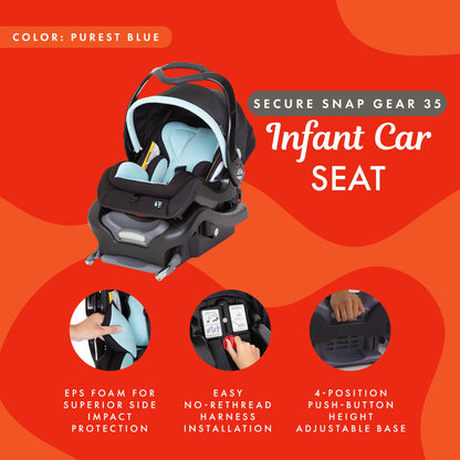 Baby Trend Secure Snap Gear 35 Infant Car Seat with 3 Panel Canopy, Purest Blue