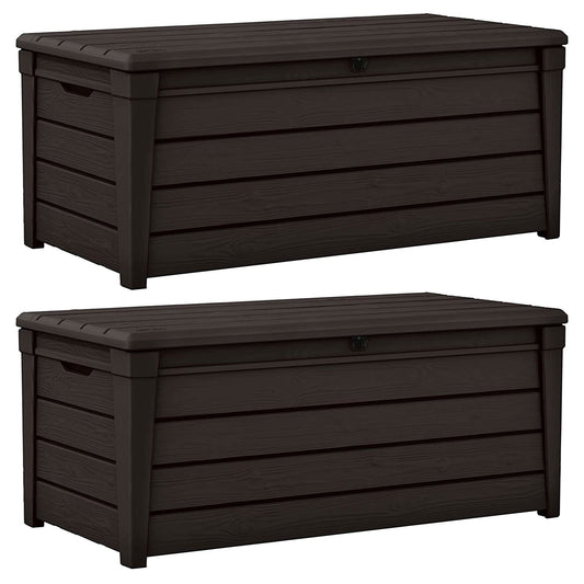 Keter Brightwood Weatherproof Resin Patio Deck Storage Box Bench, Brown (2 Pack)