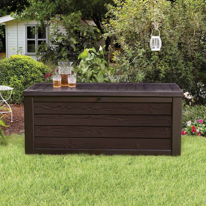 Keter Westwood Outdoor 150 Gal Deck Storage Box for Yard Tools, Brown (2 Pack)