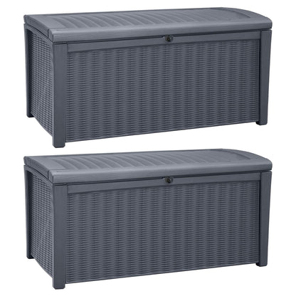 Keter Borneo Rattan Wicker Resin Patio Deck Storage Box Bench, Grey (2 Pack)