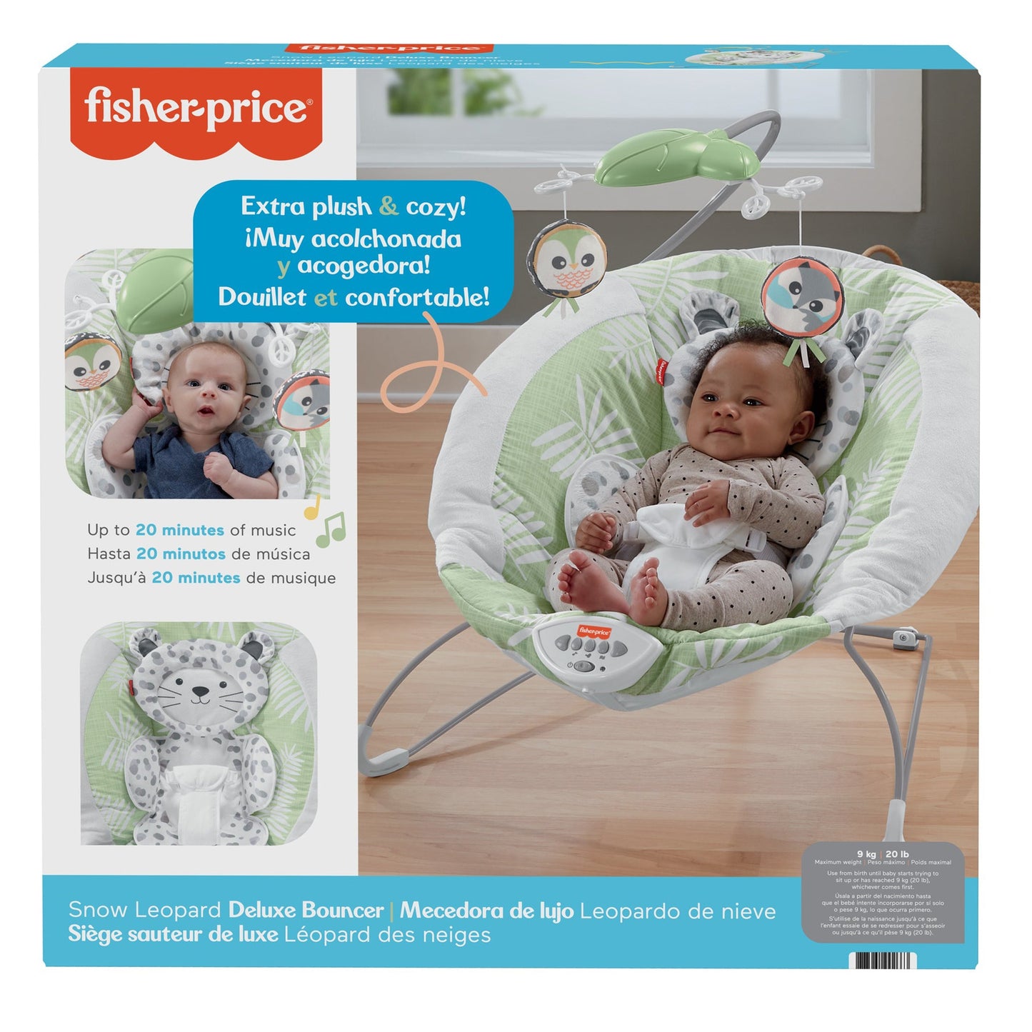 Fisher-Price Snow Leopard Deluxe Baby Bouncer with Soothing Sounds & Vibrations