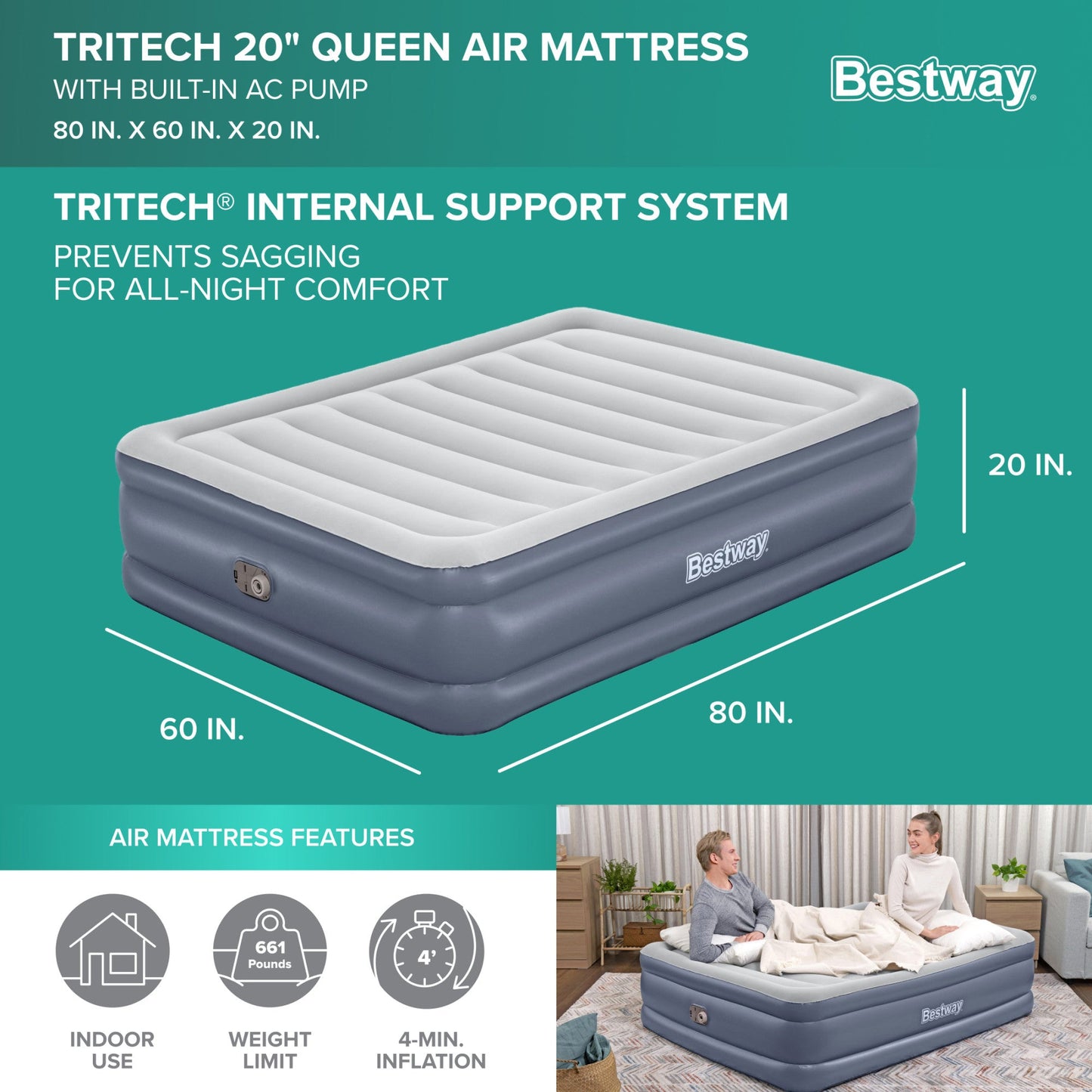 Bestway Tritech Queen Air Mattress, 20" with Built-In AC Pump and Bag