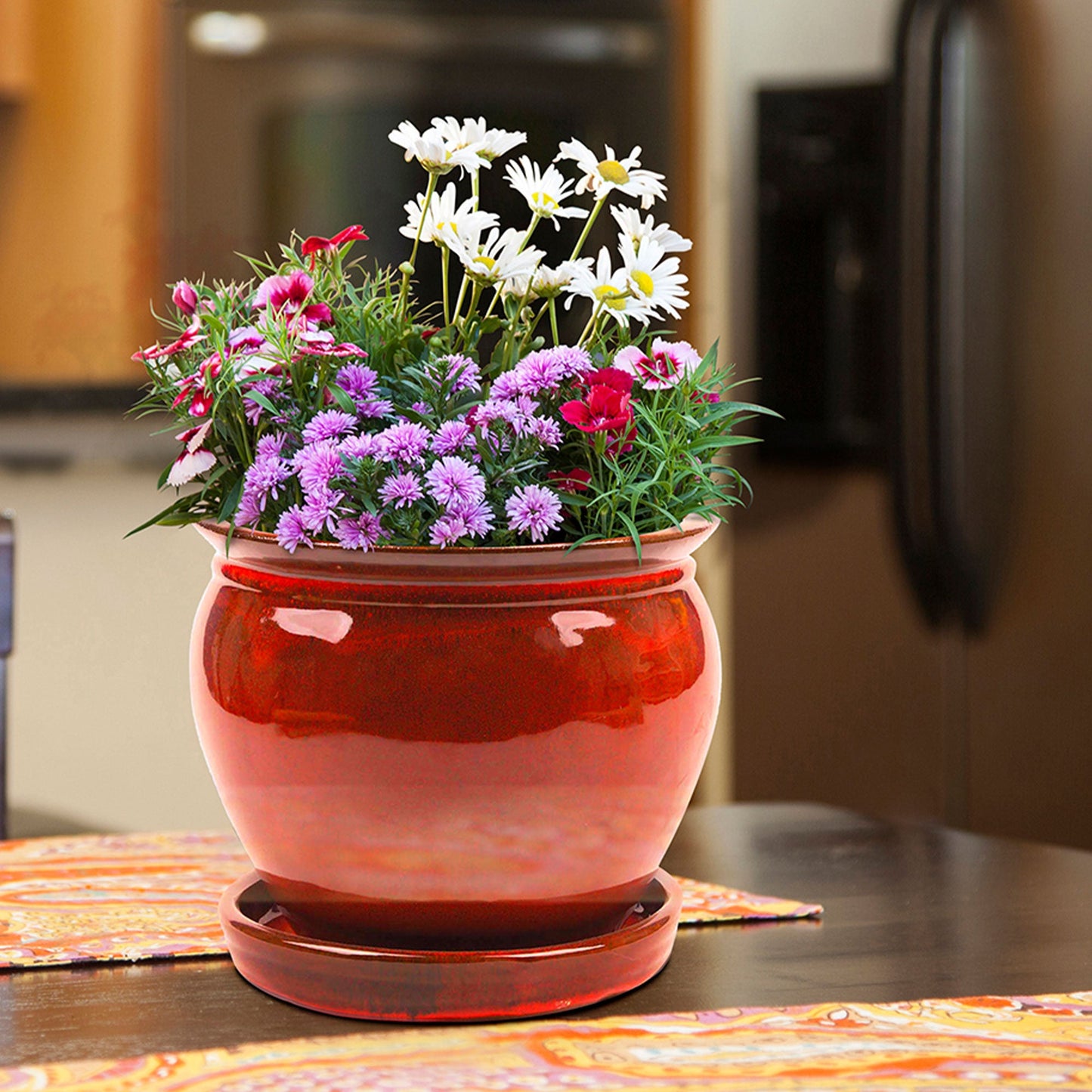 Southern Patio Wisteria 8" Round Ceramic Planter Pot with Saucer, Red (2 Pack)