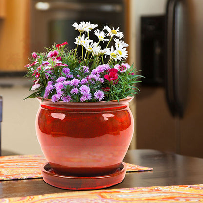 Southern Patio Wisteria 8" Round Ceramic Planter Pot with Saucer, Red (2 Pack)