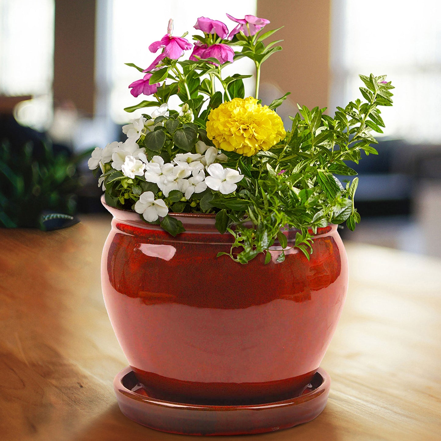 Southern Patio Wisteria 8" Round Ceramic Planter Pot with Saucer, Red (2 Pack)