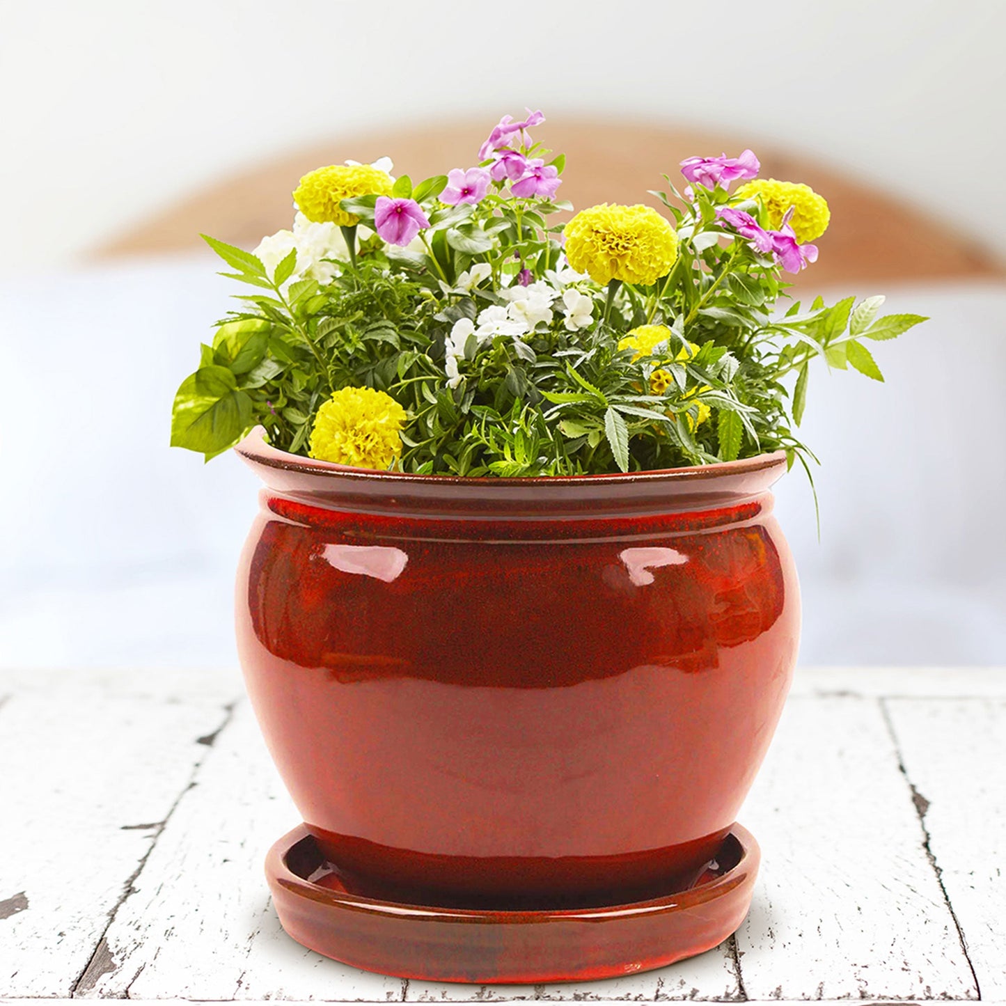 Southern Patio Wisteria 8" Round Ceramic Planter Pot with Saucer, Red (2 Pack)