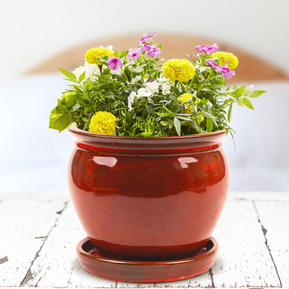 Southern Patio Wisteria 8" Round Ceramic Planter Pot with Saucer, Red (2 Pack)