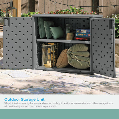 Suncast Lockable Outdoor Cabinet Deck Storage Box w/ Adjustable Shelf, Cool Gray