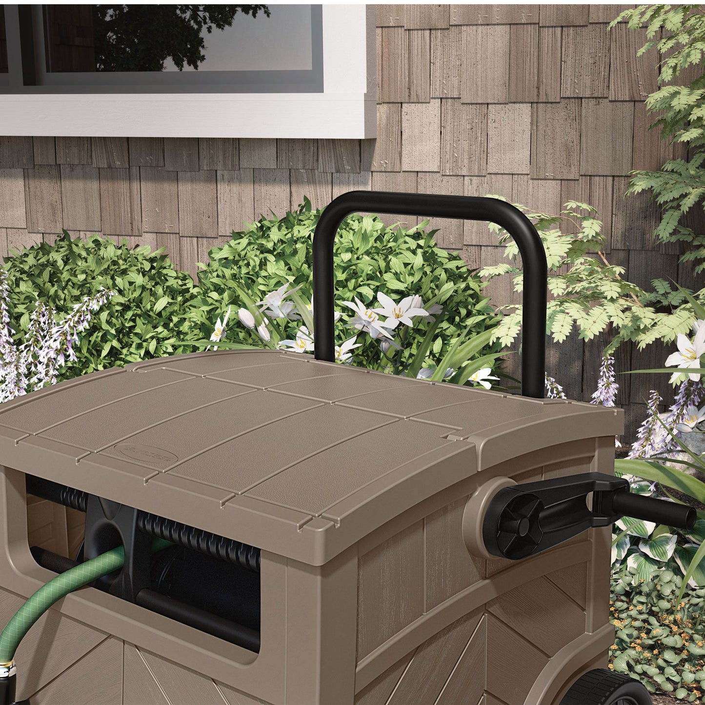 Suncast 150 Foot Baywood Smart Tube Wheeled Hose Reel Hideaway Cart, Dark Taupe