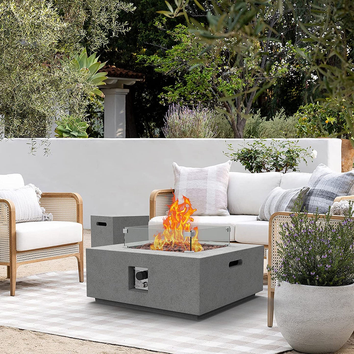 ESSENTIAL LOUNGER 35" Square Concrete Outdoor 50,000 BTU Firepit Table Set, Gray