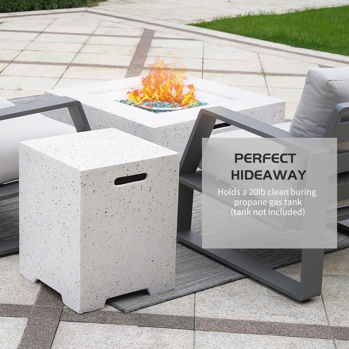 ESSENTIAL LOUNGER Fire Pit Propane Tank Cover Hideaway Table with Handles, White