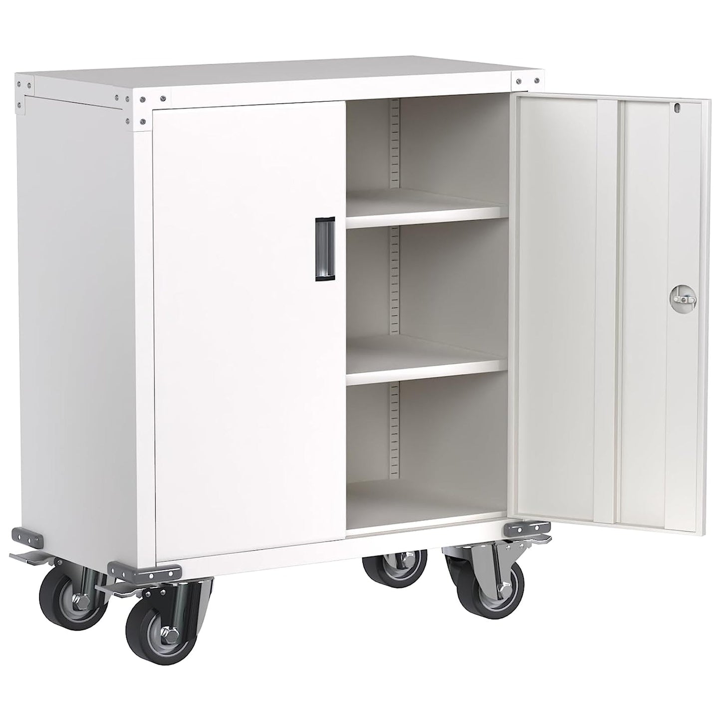 AOBABO Steel Lockable Office Storage Cabinet, Adjustable Shelves & Wheels, White
