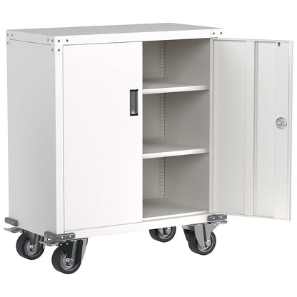 AOBABO Steel Lockable Office Storage Cabinet, Adjustable Shelves & Wheels, White