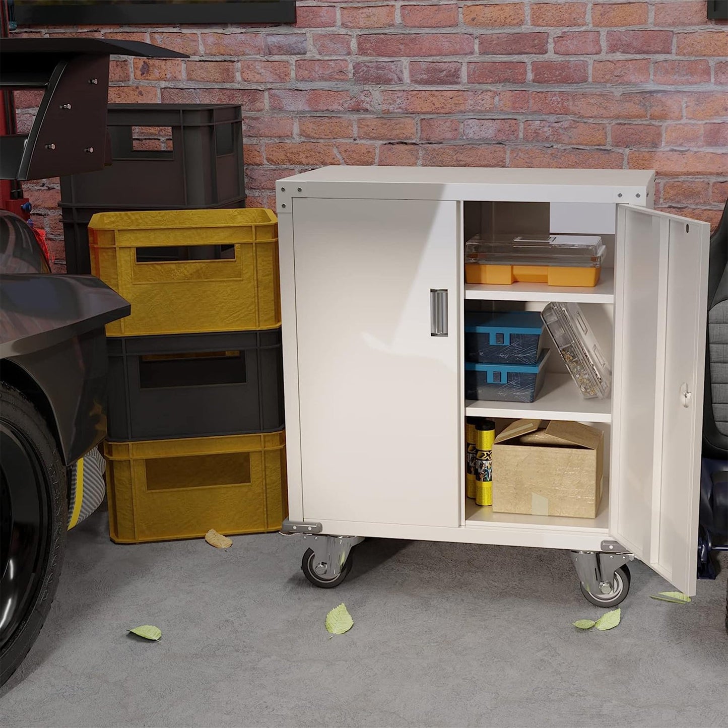 AOBABO Steel Lockable Office Storage Cabinet, Adjustable Shelves & Wheels, White