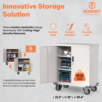 AOBABO Steel Lockable Office Storage Cabinet, Adjustable Shelves & Wheels, White