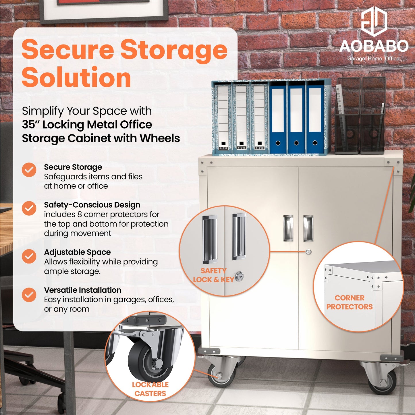 AOBABO Steel Lockable Office Storage Cabinet, Adjustable Shelves & Wheels, White