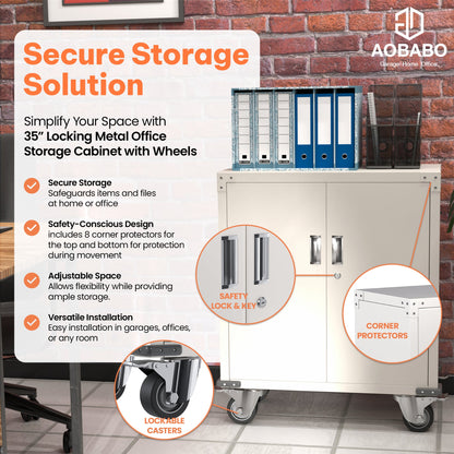 AOBABO Steel Lockable Office Storage Cabinet, Adjustable Shelves & Wheels, White