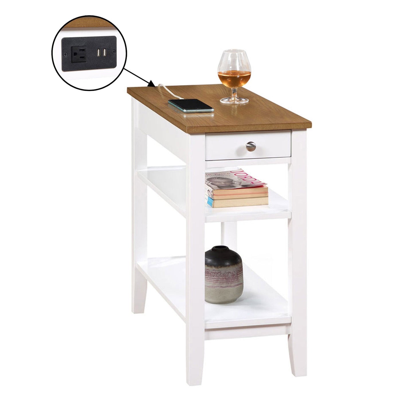 Convenience Concepts American Heritage End Table w/ Charging Station, Wood/White