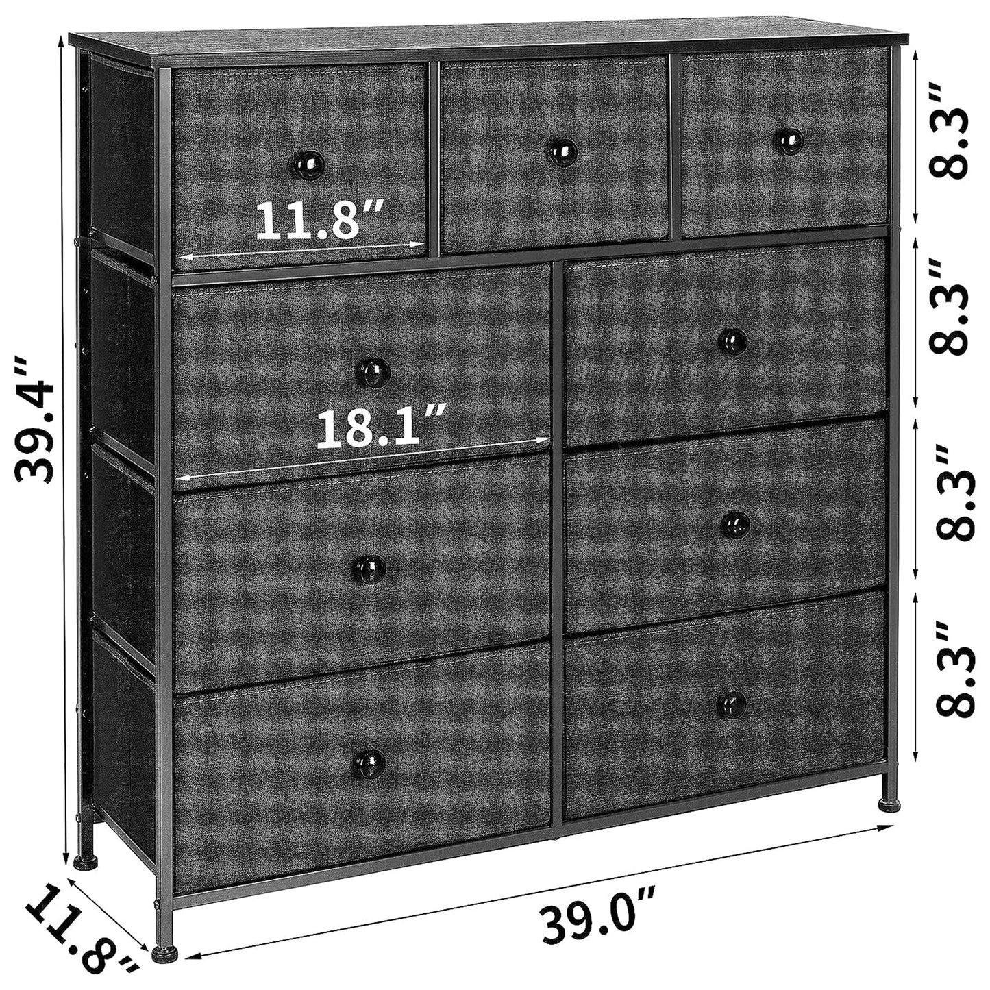 REAHOME 9 Drawer Steel Frame Bedroom Storage Organizer Chest Dresser, Black/Gray