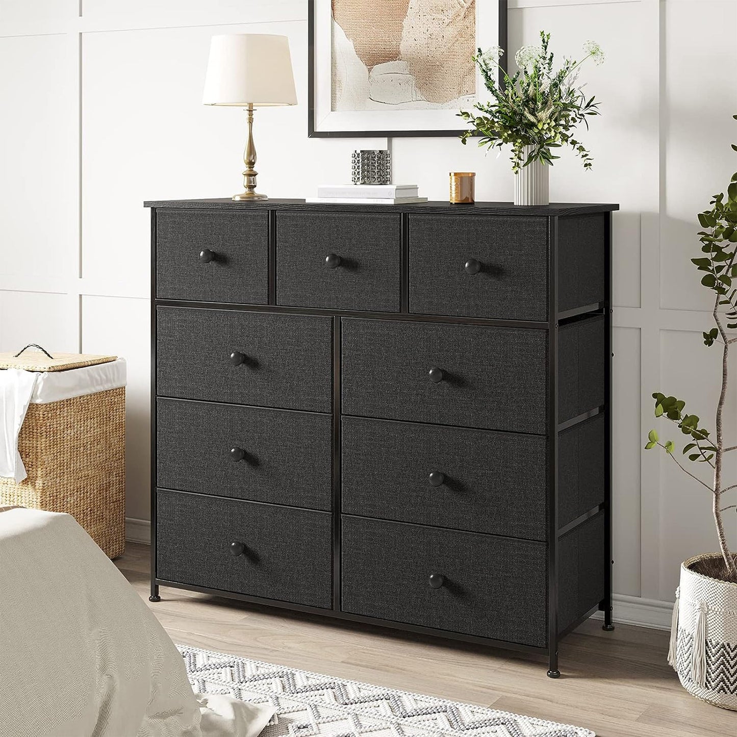 REAHOME 9 Drawer Steel Frame Bedroom Storage Organizer Chest Dresser, Black/Gray