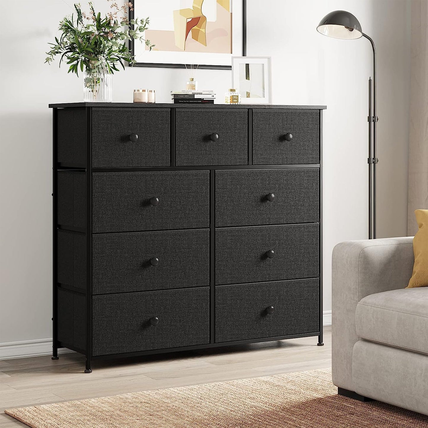 REAHOME 9 Drawer Steel Frame Bedroom Storage Organizer Chest Dresser, Black/Gray