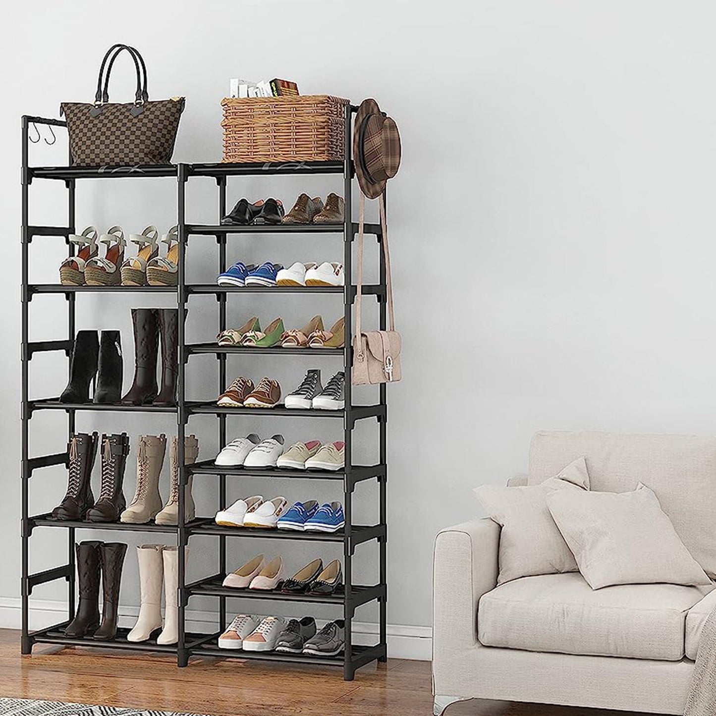 WOWLIVE 9 Tier Metal Shoe Rack, 30 to 35 Pair Shelf Storage Organizer, Black