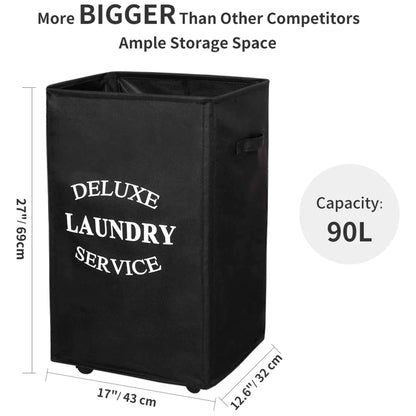 WOWLIVE 90L Foldable Rectangular Deluxe Laundry Service Rolling Basket, Black