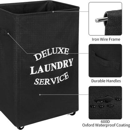 WOWLIVE 90L Foldable Rectangular Deluxe Laundry Service Rolling Basket, Black