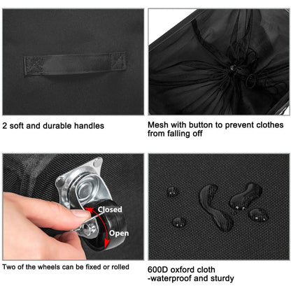 WOWLIVE 90L Foldable Rectangular Deluxe Laundry Service Rolling Basket, Black