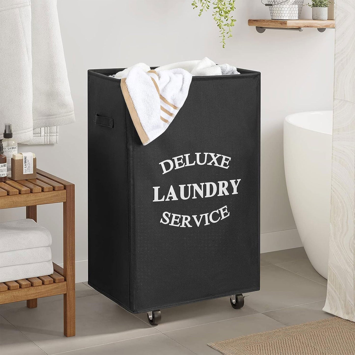 WOWLIVE 90L Foldable Rectangular Deluxe Laundry Service Rolling Basket, Black