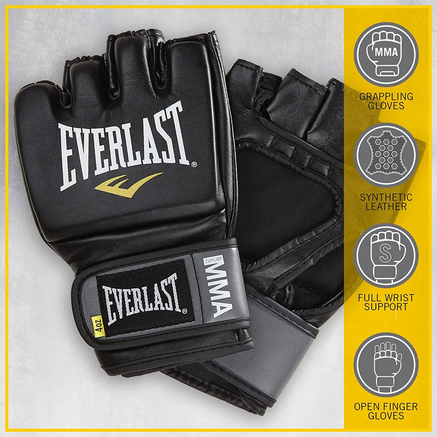 Everlast Pro Style MMA Grappling Training Gloves w/Full Wrist Strap, L/XL, Black