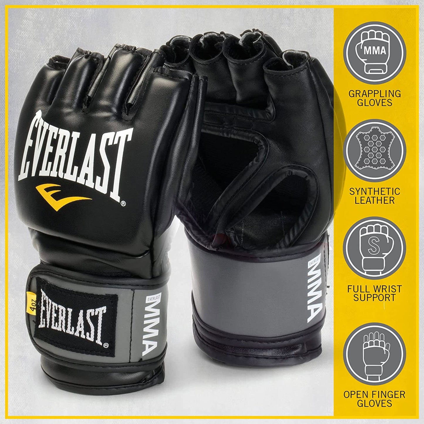 Everlast Pro Style MMA Grappling Training Gloves w/Full Wrist Strap, L/XL, Black